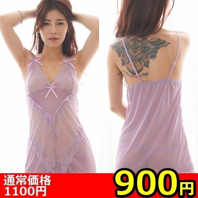 【900円★フレッシュサマーSALE】V字レースのパープルリボンベビードール&ショーツ() 【900円★フレッシュサマーSALE】V字レースのパープルリボンベビードール&ショーツ