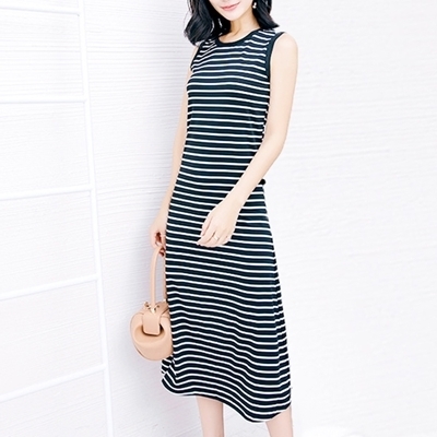 ボーダー柄シンプルノースリーブ ロングワンピース ブラックホワイト Mサイズ() ボーダー柄シンプルノースリーブ ロングワンピース ブラックホワイト Mサイズ
