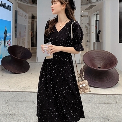 水玉模様のロングワンピース Mサイズ ブラック() 水玉模様のロングワンピース Mサイズ ブラック