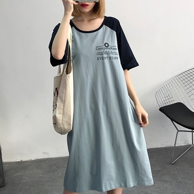 授乳口付きラグランロングワンピース Lサイズ 水色×紺() 授乳口付きラグランロングワンピース Lサイズ 水色×紺