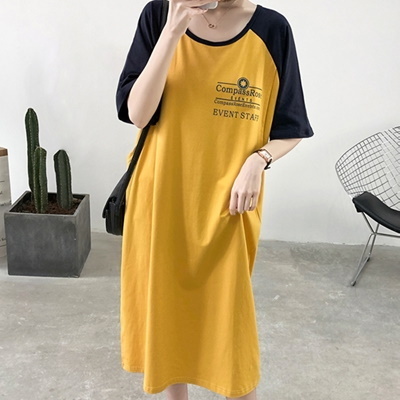 授乳口付きラグランロングワンピース Lサイズ 黄色×紺() 授乳口付きラグランロングワンピース Lサイズ 黄色×紺