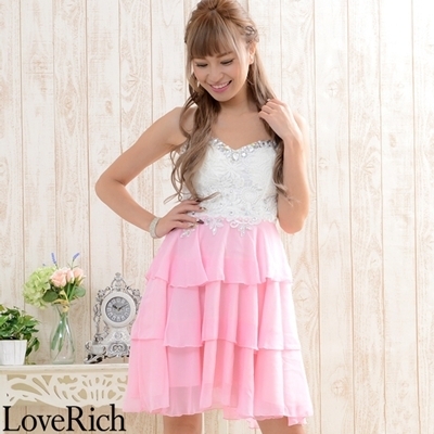 <Love Rich>上品なレース輝くビジューシフォンティアードミニドレス パーティードレス (ピンク)() <Love Rich>上品なレース輝くビジューシフォンティアードミニドレス パーティードレス (ピンク)
