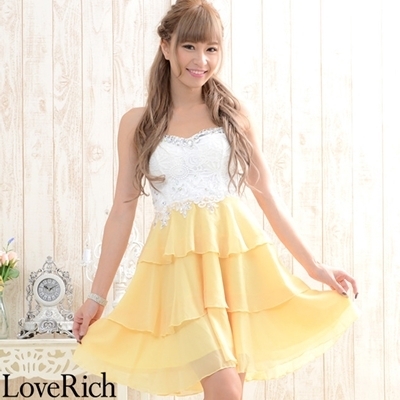 <Love Rich>上品なレース輝くビジューシフォンティアードミニドレス パーティードレス (イエロー)() <Love Rich>上品なレース輝くビジューシフォンティアードミニドレス パーティードレス (イエロー)