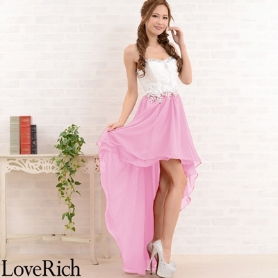 <Love Rich>バイカラーテールカットロングドレス パーティードレス キャバドレス (ピンク)() <Love Rich>バイカラーテールカットロングドレス パーティードレス キャバドレス (ピンク)