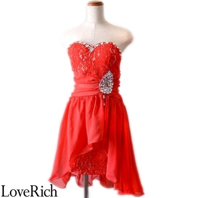 <Love Rich>輝くビジューたっぷり使いレースシフォンミニドレス (レッド)() <Love Rich>輝くビジューたっぷり使いレースシフォンミニドレス (レッド)