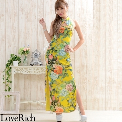 <Love Rich>フラワーパワーネットロングチャイナドレス キャバドレス (イエロー)() <Love Rich>フラワーパワーネットロングチャイナドレス キャバドレス (イエロー)