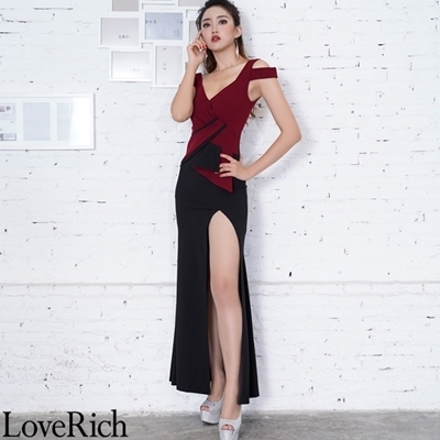 <Love Rich>セクシースリットバイカラーロングドレス パーティードレス キャバドレス (ワイン)() <Love Rich>セクシースリットバイカラーロングドレス パーティードレス キャバドレス (ワイン)