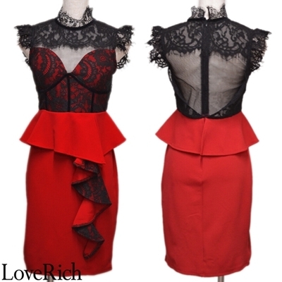 <Love Rich>サイトフリル レース ミニドレス キャバドレス パーティードレス (レッド)() <Love Rich>サイトフリル レース ミニドレス キャバドレス パーティードレス (レッド)