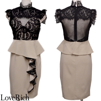 <Love Rich>サイトフリル レース ミニドレス キャバドレス パーティードレス (ベージュ)() <Love Rich>サイトフリル レース ミニドレス キャバドレス パーティードレス (ベージュ)