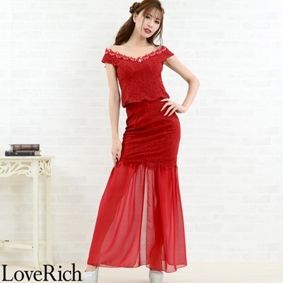 <Love Rich>上品レーススカラップシフォン切り替えセットアップロングドレス キャバドレス (ワイン)() <Love Rich>上品レーススカラップシフォン切り替えセットアップロングドレス キャバドレス (ワイン)