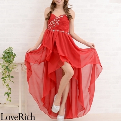 <Love Rich>ゴージャスビジューテールカットロングドレス パーティードレス キャバドレス (レッド)() <Love Rich>ゴージャスビジューテールカットロングドレス パーティードレス キャバドレス (レッド)
