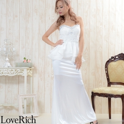 <Love Rich>胸元レースビジューシフォンフリル美ラインロングドレス (ホワイト)() <Love Rich>胸元レースビジューシフォンフリル美ラインロングドレス (ホワイト)