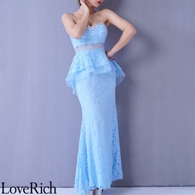 <Love Rich>煌めくビジューウエスト透け魅せ総レース美ラインロングドレス (ライトブルー)() <Love Rich>煌めくビジューウエスト透け魅せ総レース美ラインロングドレス (ライトブルー)