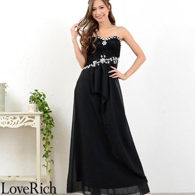 <Love Rich>ゴージャスビジュー上品レースシフォンロングドレス (ブラック)() <Love Rich>ゴージャスビジュー上品レースシフォンロングドレス (ブラック)