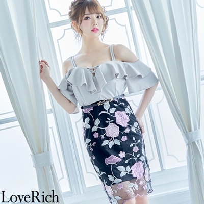 <Love Rich>刺繍レース パーティードレス キャバドレス (グレーブラック)() <Love Rich>刺繍レース パーティードレス キャバドレス (グレーブラック)