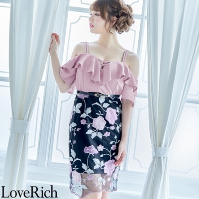 <Love Rich>刺繍レース パーティードレス キャバドレス (ピンクブラック)() <Love Rich>刺繍レース パーティードレス キャバドレス (ピンクブラック)