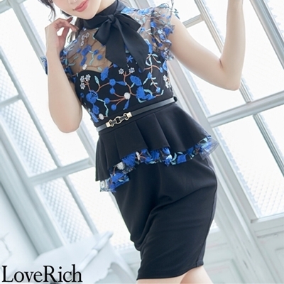<Love Rich>花柄刺繍レース ペプラム リボンキャバドレス ミニドレス(ブラック)() <Love Rich>花柄刺繍レース ペプラム リボンキャバドレス ミニドレス(ブラック)