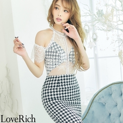 <Love Rich>千鳥柄レース ショルダーカットキャバドレス ミニドレス(ホワイト)() <Love Rich>千鳥柄レース ショルダーカットキャバドレス ミニドレス(ホワイト)