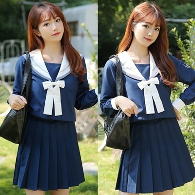 <malymoon>純白リボンの紺色長袖セーラー服3点セット() <malymoon>純白リボンの紺色長袖セーラー服3点セット